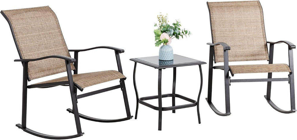 Vongrasig 3 Piece Outdoor Rocking Bistro Set, Textilene Fabric Small Patio Fu...
