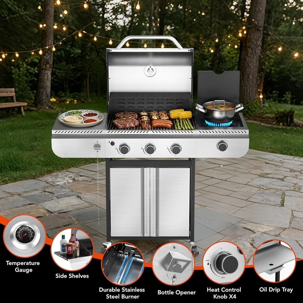 3-Burner Propane Gas Grill with Side Burner, 34,000 BTU Stainless Steel BBQ G...