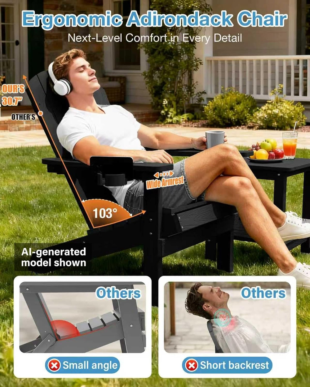 YEFU Adirondack Chairs Set of 2 with Cup Holder, Weather Resistant, Black