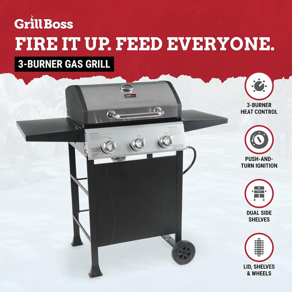 Grill Boss 3 Burner Propane Gas Grill, Portable BBQ, Lid, Wheels & Shelves