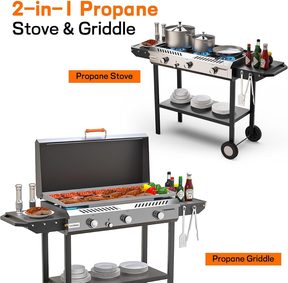 Veralune 3 Burner Propane Griddle with Ignition, 2-in-1 Outdoor Gas Grill