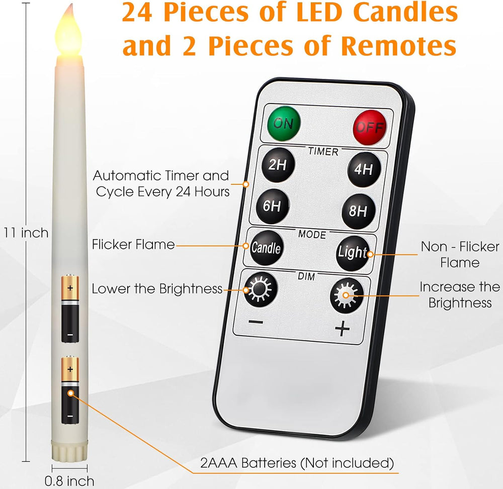 Tuanse 24pcs 11" LED Flameless Taper Battery Candles for Halloween, Ivory