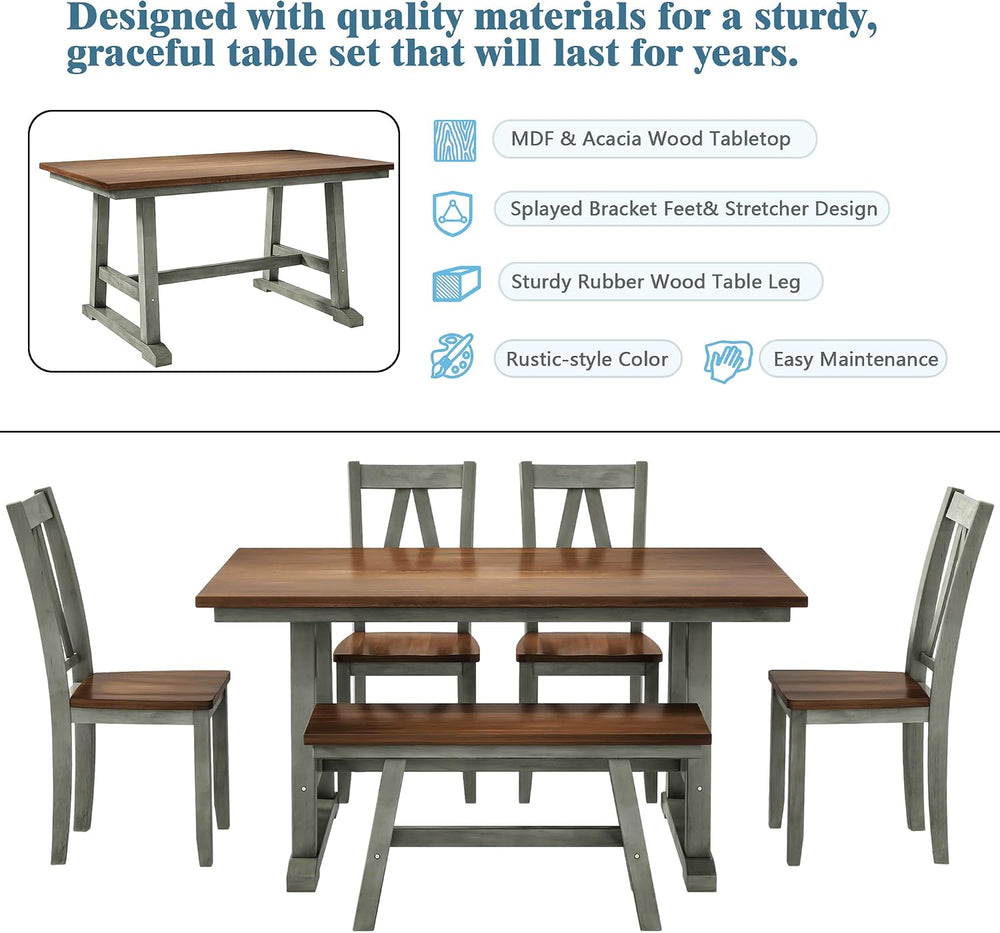 Harper & Bright Designs 6-Piece Dining Set, Farmhouse Style Wood Dining T...
