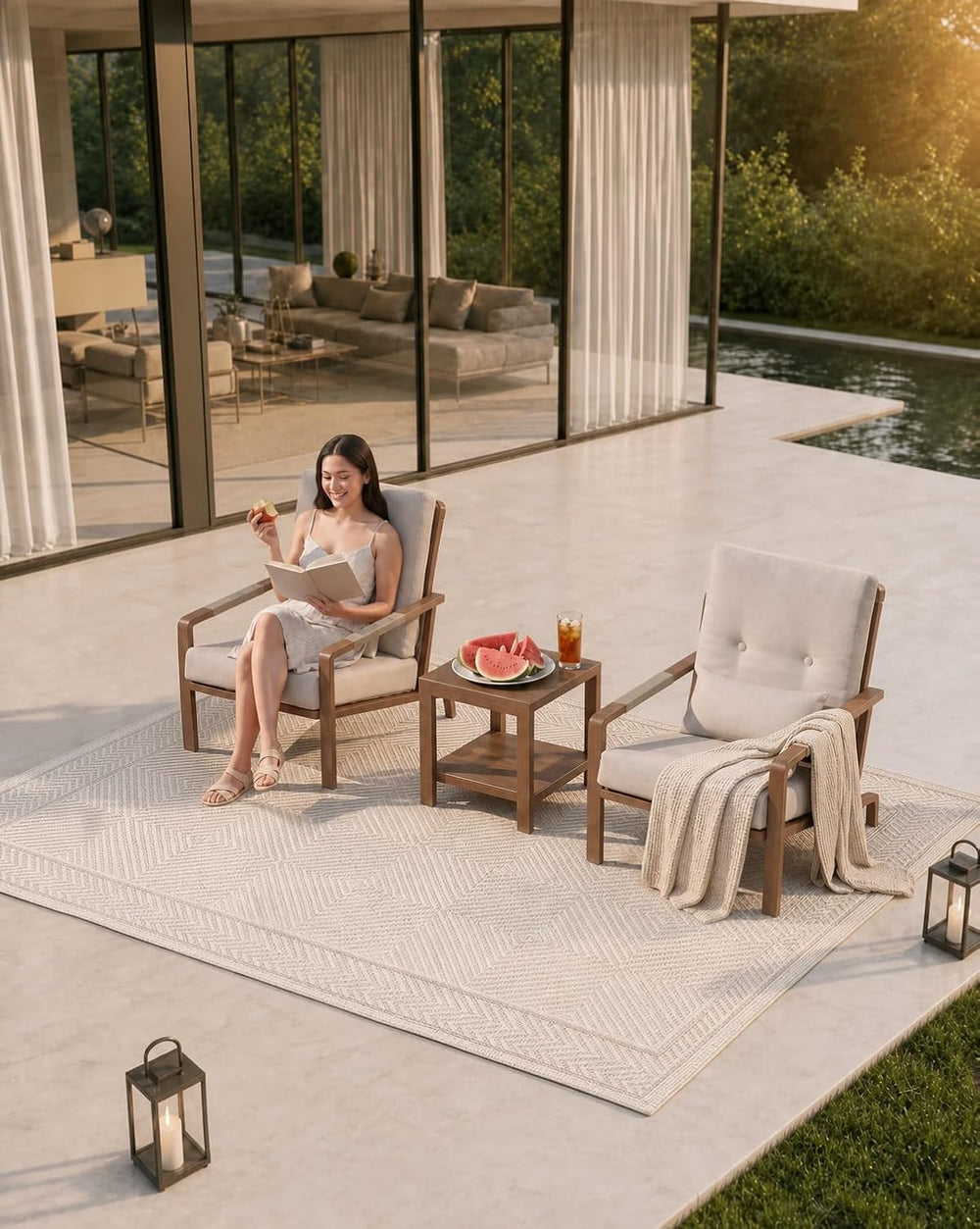Aluminum Patio Set, 2 Chairs & Side Table, Washable Cushions, Beige (3 Pi...