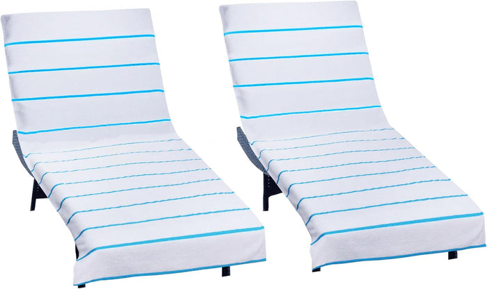 COTTON CRAFT Pool Lounge Chair Cover - 2 Pack Stripe Terry - White Aqua
