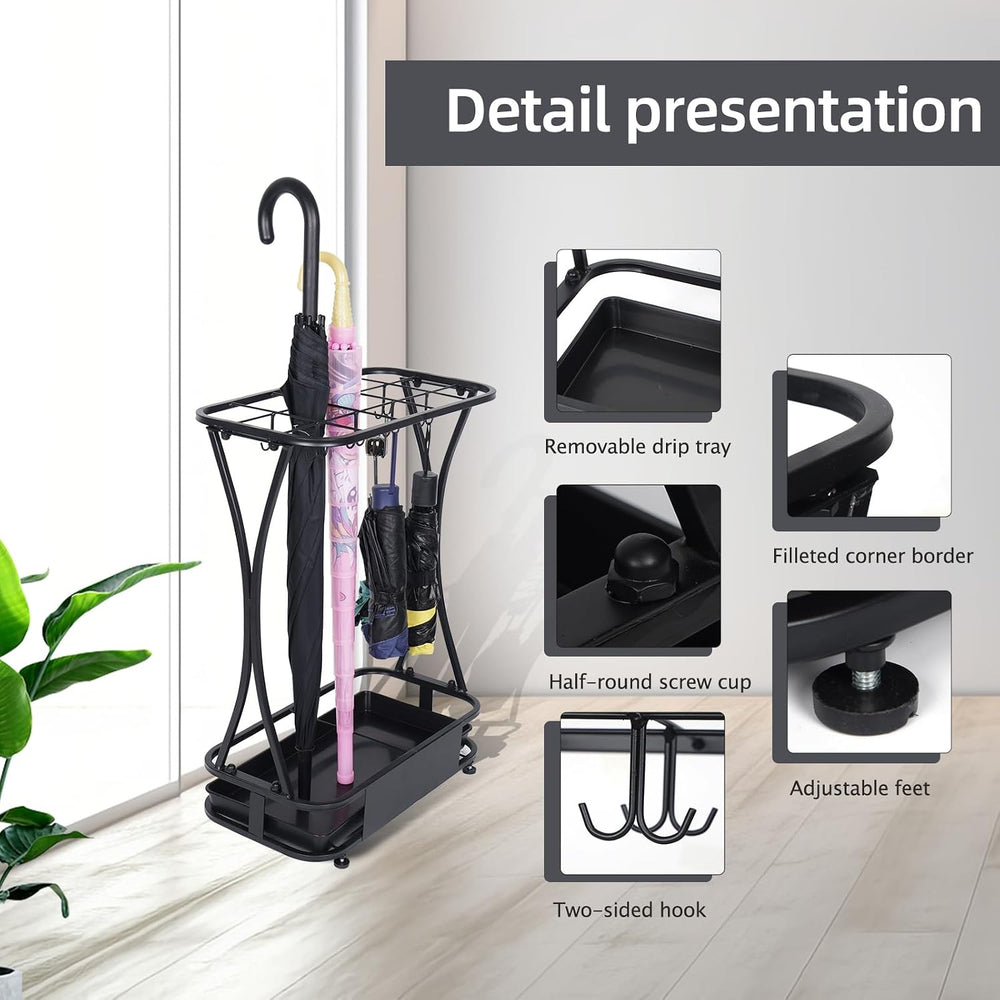 15 Slot Umbrella Stand with 8 Hooks – Heavy Duty Metal Indoor Umbrella Rack H...