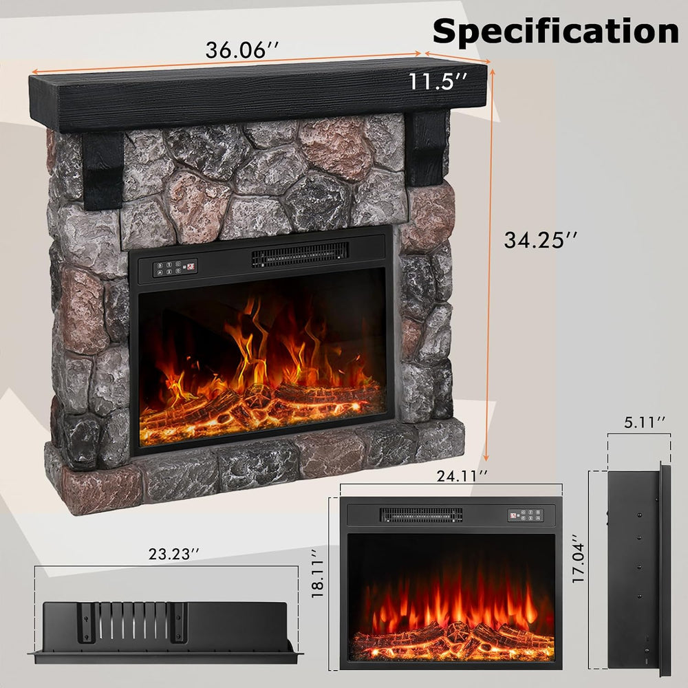 36inch Electric Fireplace with Mantel, Stone Fireplace Heater
