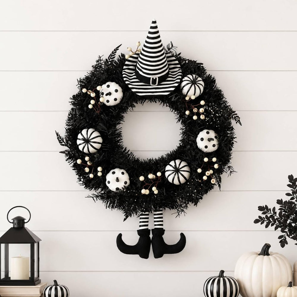 Grooy 24 Inch Halloween Wreath for Front Door with Striped Hat, Legs