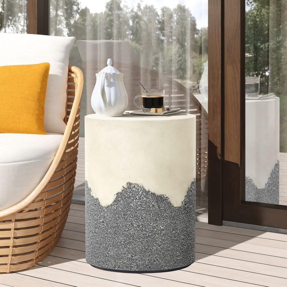 LuxenHome 18" Gray and Cream Cement Outdoor Side Table, Patio End Table