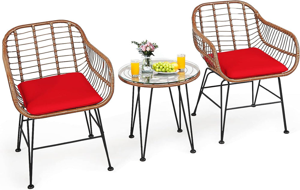 Tangkula 3 Pieces Patio Conversation Bistro Set, Outdoor Wicker Furniture w/R...