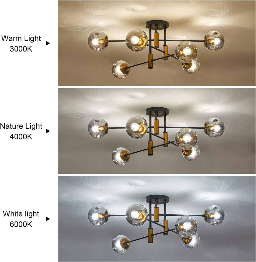 6-Light Sputnik Ceiling Light Fixture Mid Century Black and Gold Chandelier