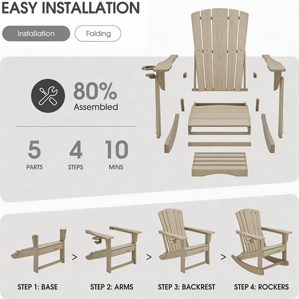 Adirondack Rocking Chair with Retractable Ottoman,Outdoor Folding Adirondack ...