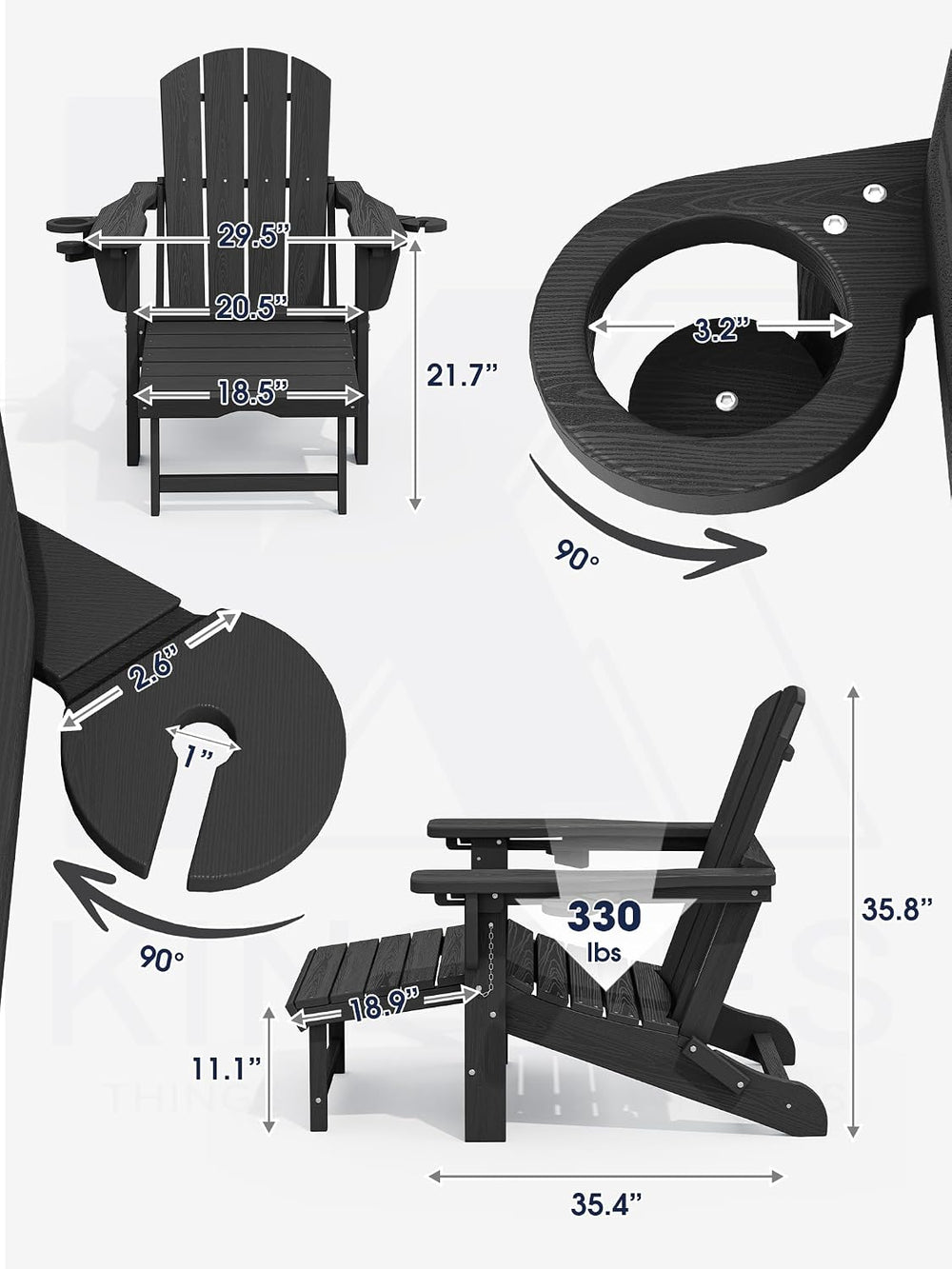 KINGYES 6 Pieces Folding Adirondack Chair with Ottoman & Cup Holders, Black