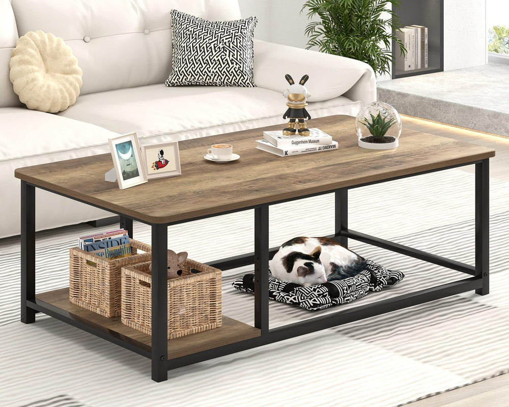 EXCEFUR Coffee Table with Storage Shelf, Modern Wood and Metal Center Table f...