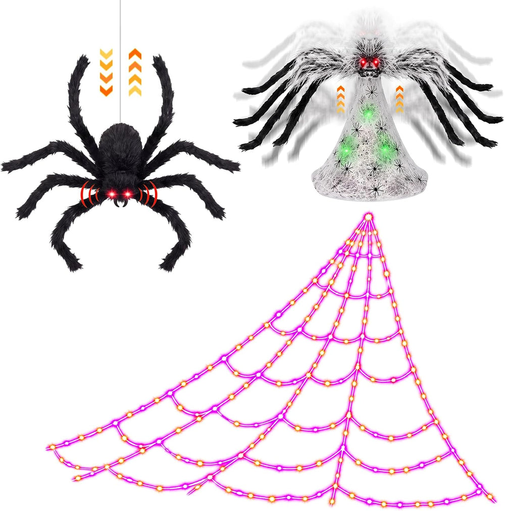 Halloween Spider Web Lights Decor+2 Animatronic 34'' Jumping Spider, ...