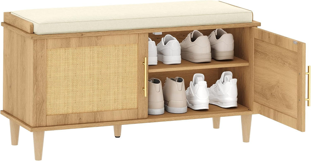 Akxomel 39.4" Rattan Shoe Storage Bench 2 Doors Wooden Entryway Bench Oak