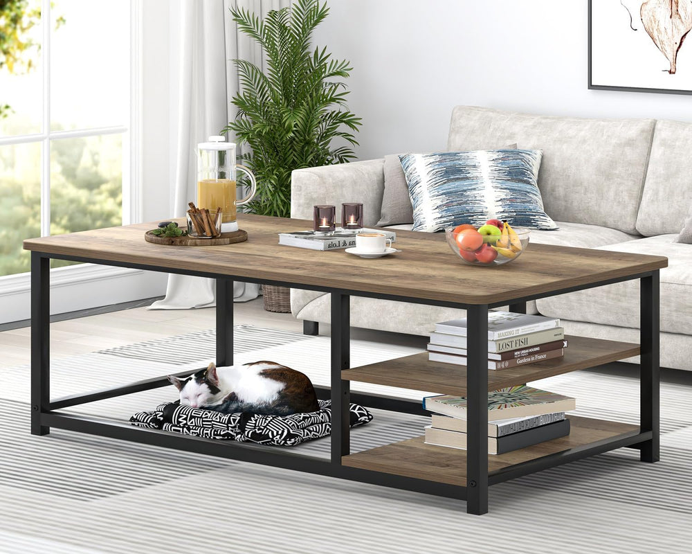 EXCEFUR Coffee Table with Storage Shelf, Modern Wood and Metal Center Table f...