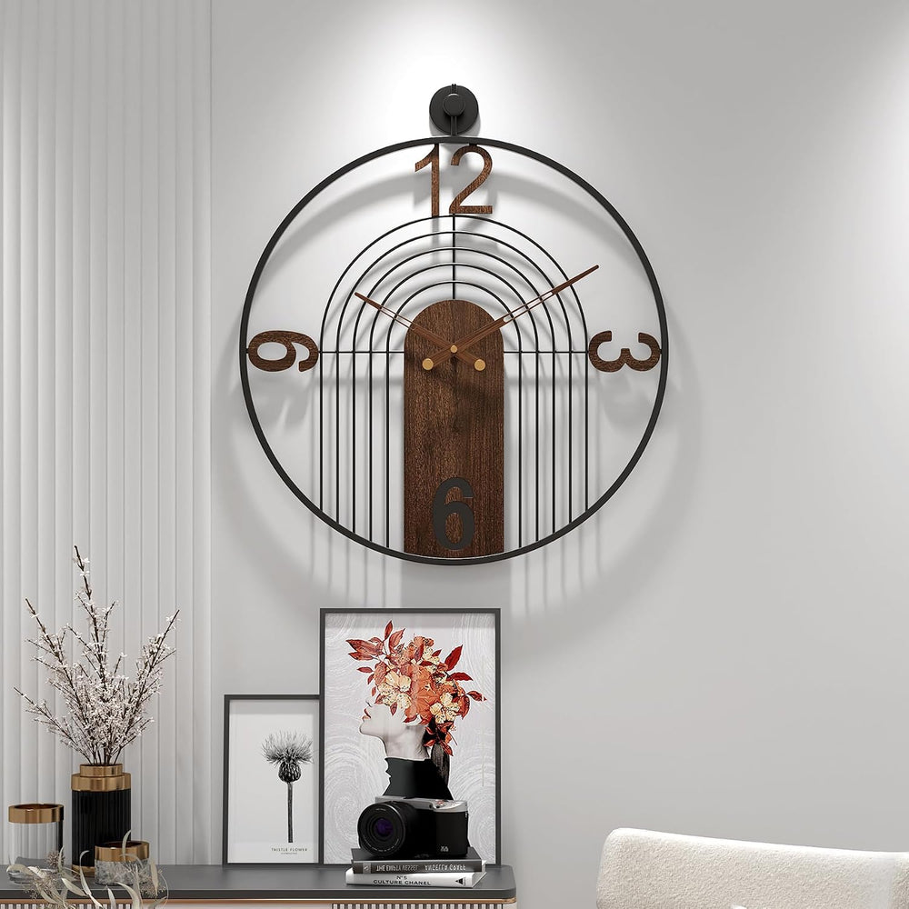 Modern Large Walnut Dial Wall Clock, Wood Metal Frame Silent Non Ticking Wall...