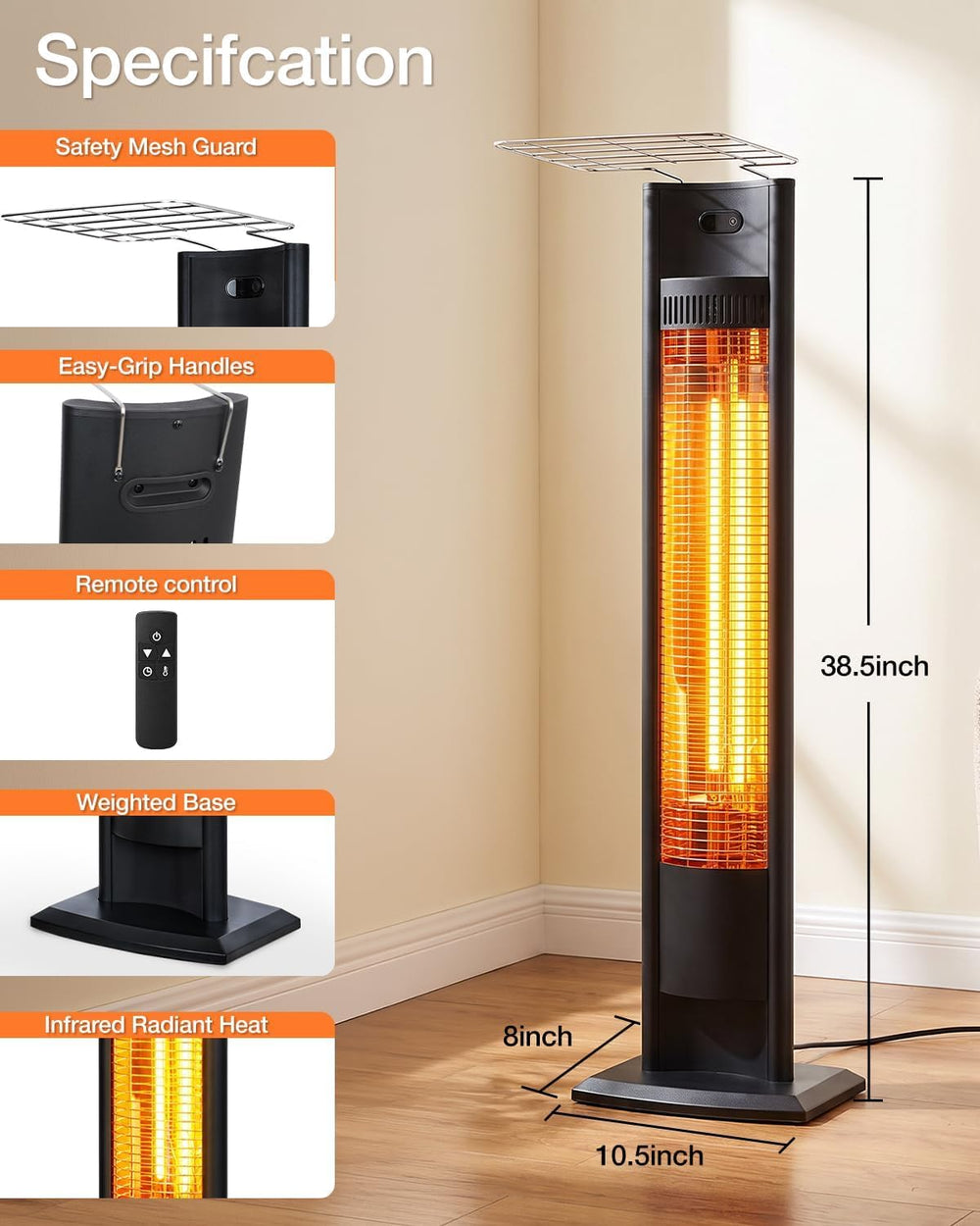 hykolity Electric Patio Heater 38.5in, 1500W Infrared Indoor & Outdoor, P...