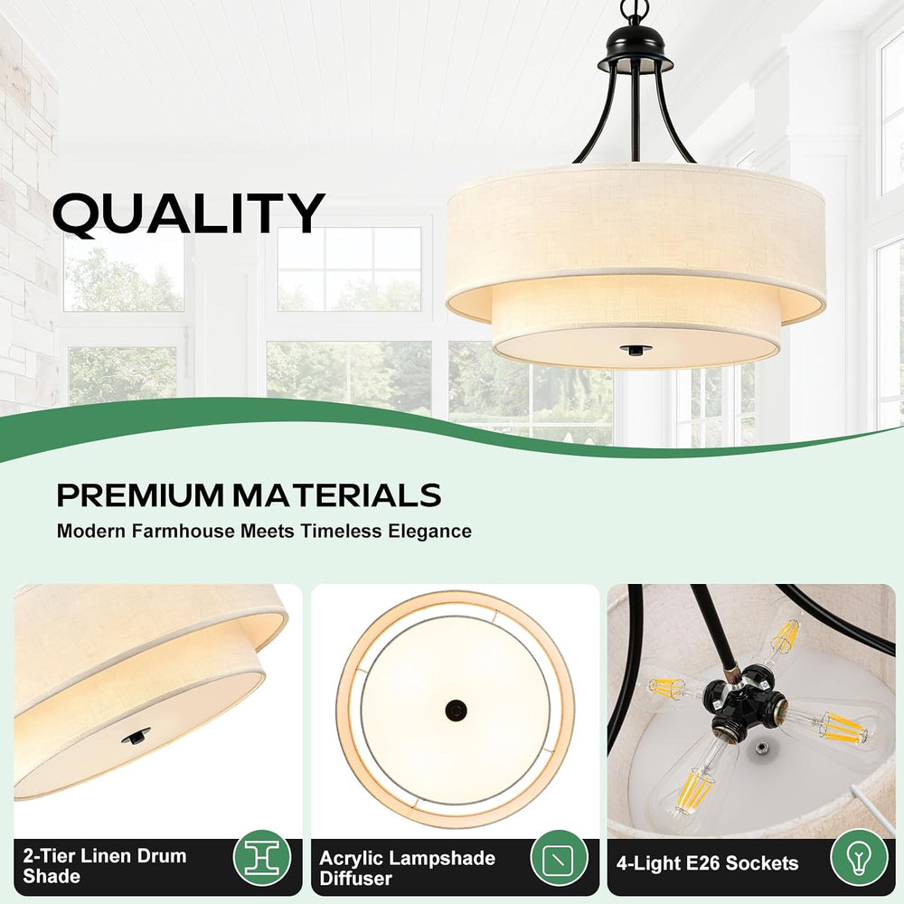 VESPERIX 18" Linen Drum Chandelier, 4-Light Modern Farmhouse Ceiling Lig...