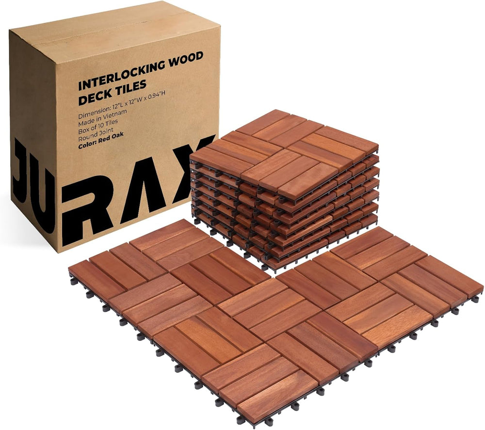 Jurax Interlocking Wood Deck Tiles, 10Pcs Patio Flooring, Red Oak
