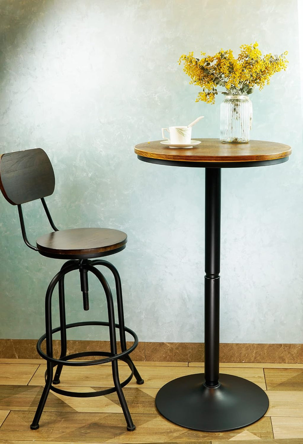 Round Bar Height Bistro Pub Table - Natural Wood Top, Heavy Metal Frame, 21.7...
