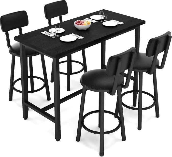 5 Piece Bar Table and Chairs Set for 4, Counter Height Rectangular Pub Dining Set, Wood Top Bistro Set with 4 Backrest PU Upholstered Bar Stools for Breakfast Nook, Living Room & Small Kitchen