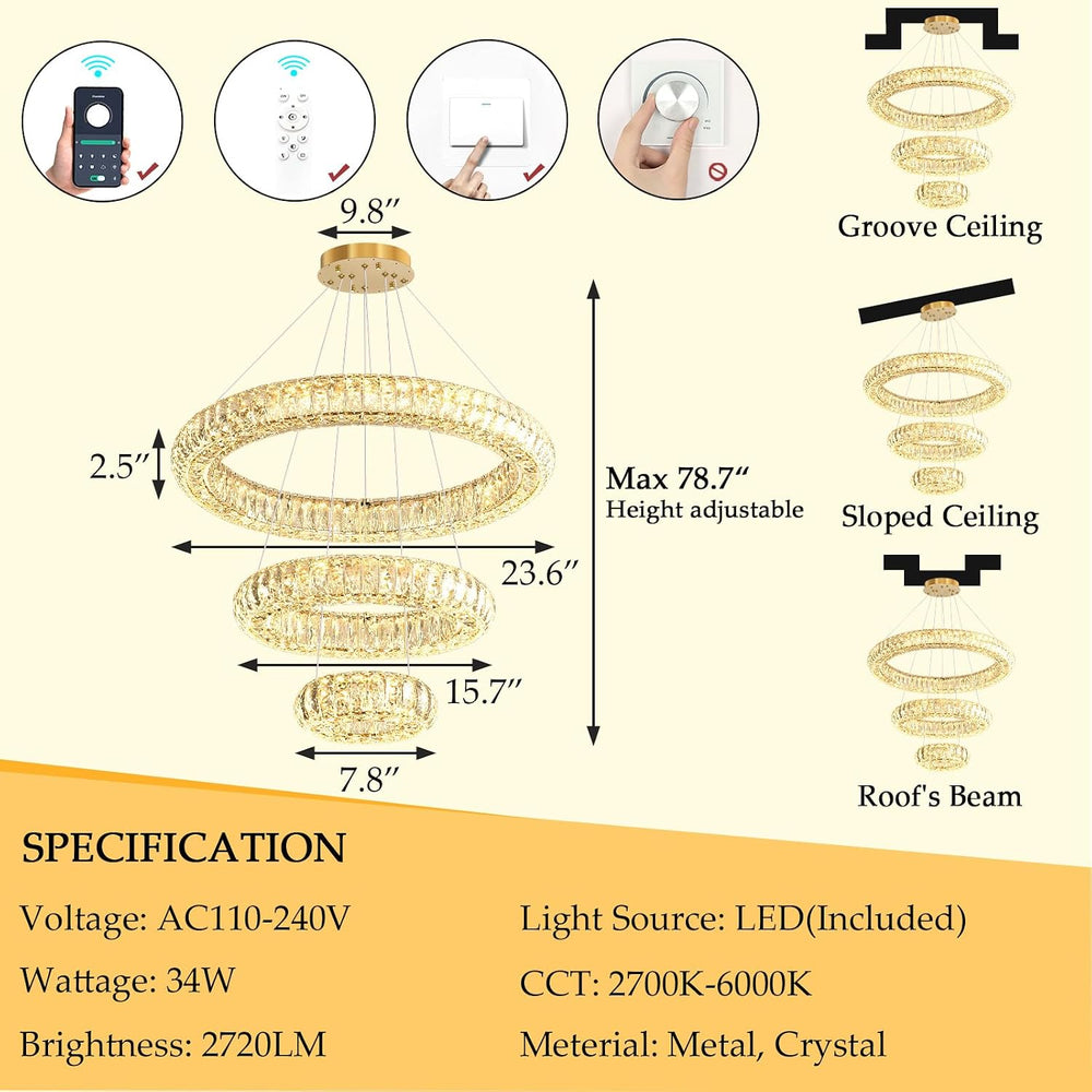 3 Ring Modern Crystal Chandelier Dimmable Ring Pendant Light Round Crystal Hi...