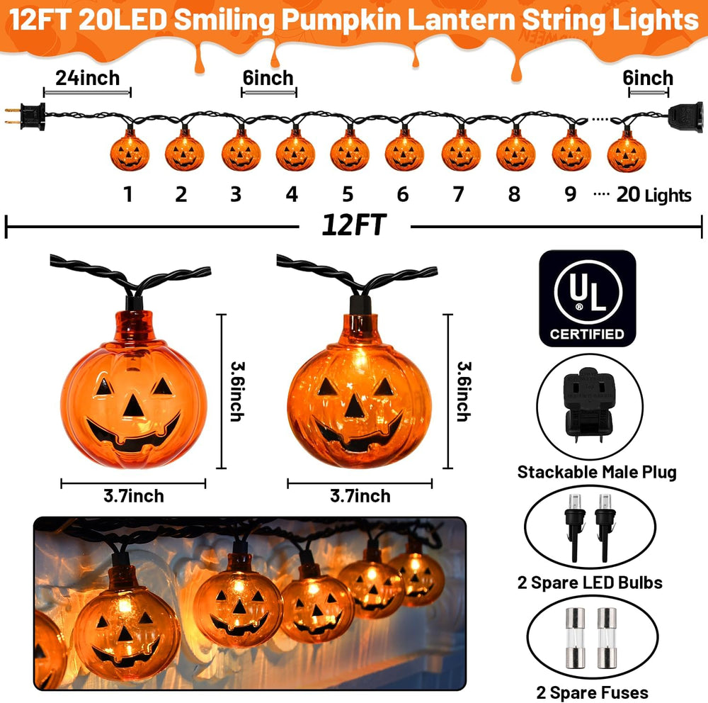 12Ft 20 LED Halloween Pumpkin String Lights Plug in Jack O Lantern Lights wit...