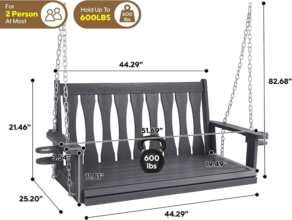 HIPS All-Weather Outdoor Hanging Porch Swing,2 Seat Hanging Swing Bench