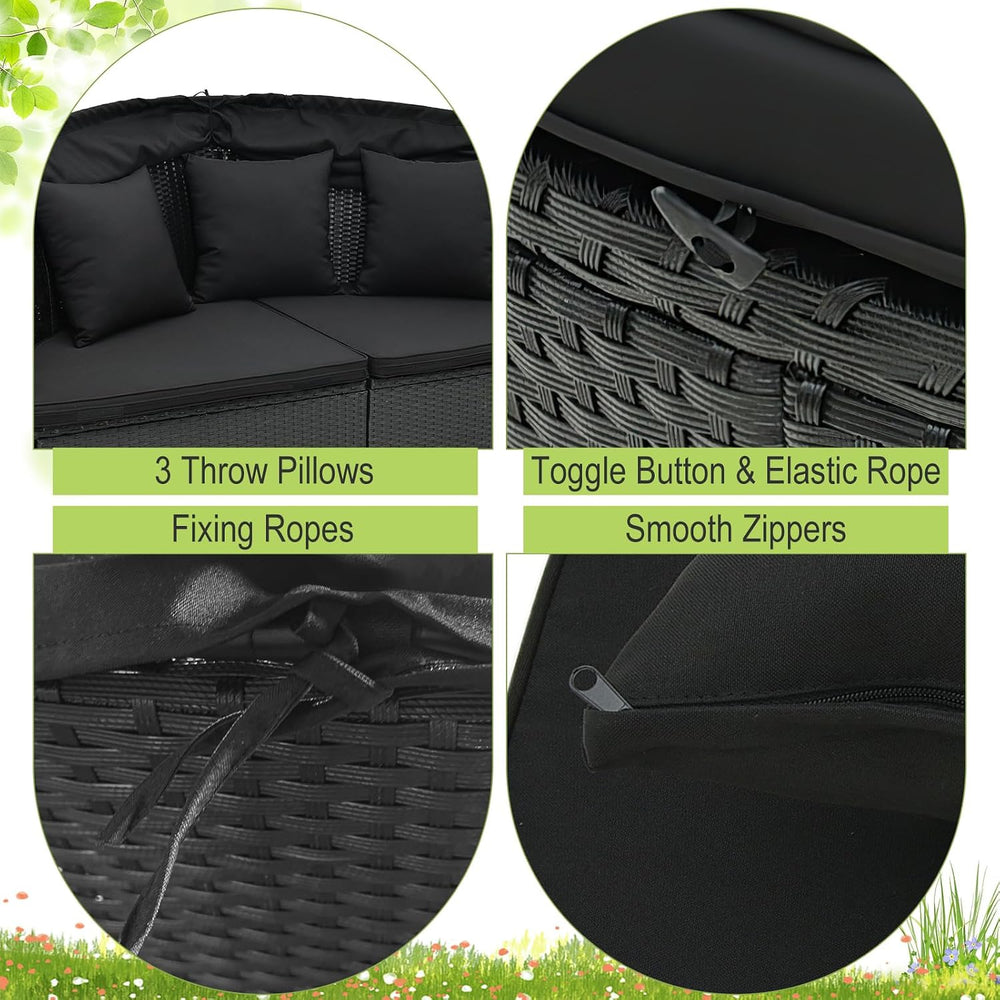 Tangkula Outdoor Patio Round Daybed with Retractable Canopy, Black Rattan Wic...