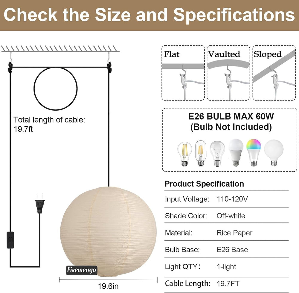 20in Paper Lanterns Plug in Hanging Lamp Off-White 19.7FT Cord