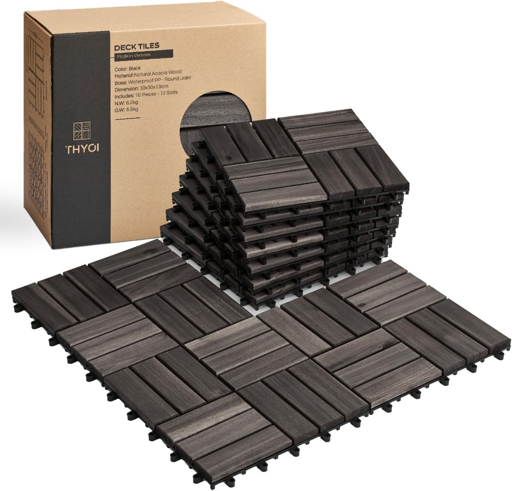 THYOI Premium Deck Tiles, Patio Flooring - Round Joint (10, Black)