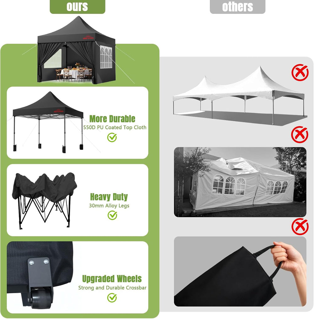 10x10 Heavy Duty Commercial Pop Up Canopy with Sidewalls, Black