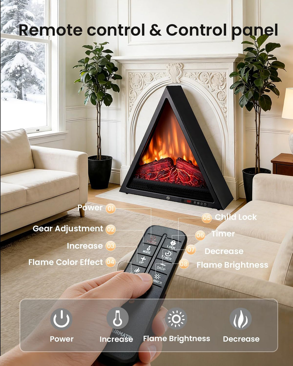 AIRMATE 22in Electric Fireplace Heater, 1500W Triangular Electric Fireplace I...