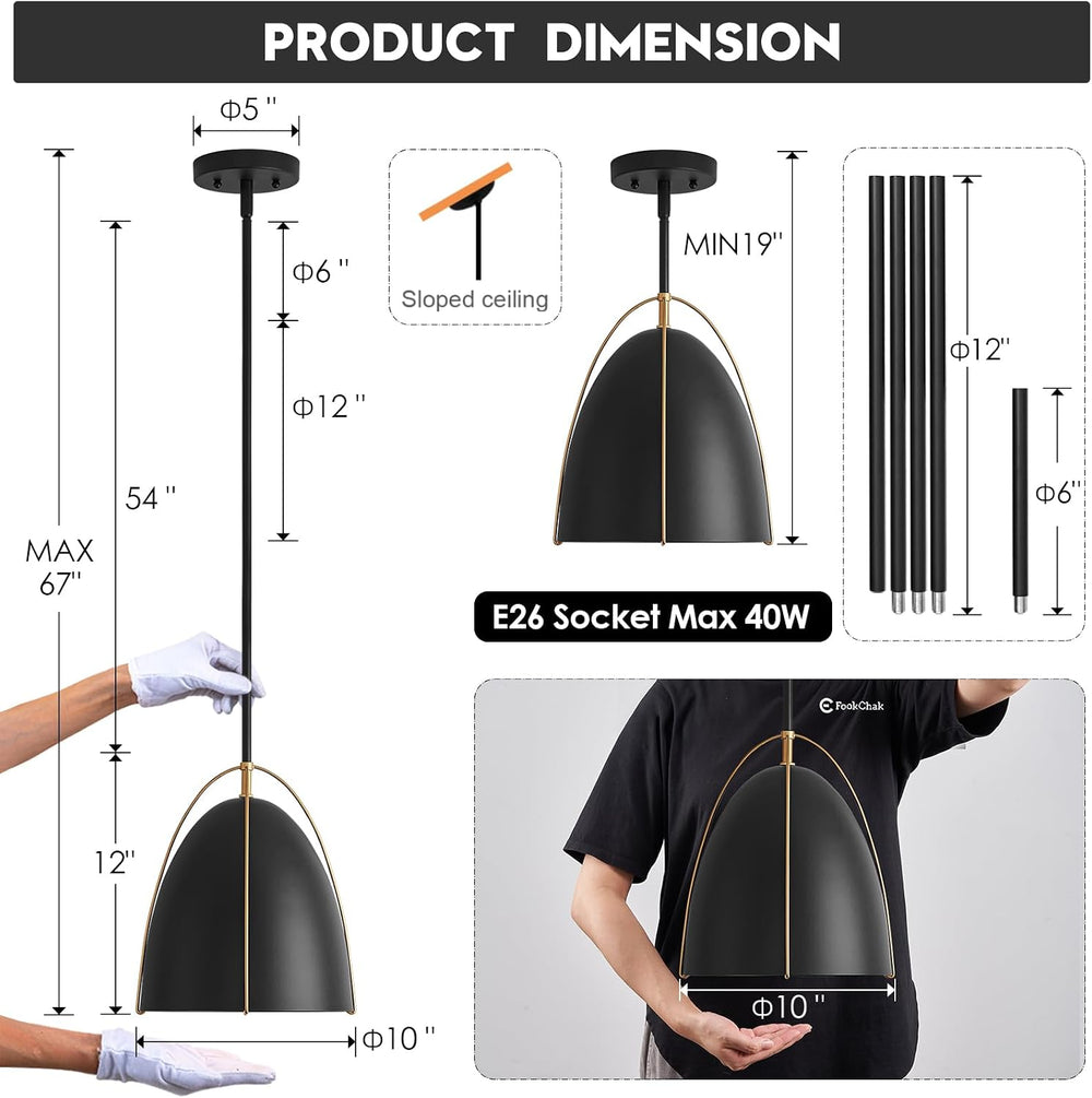 Black Dome Pendant Light 10in Kitchen Island Pendant Lighting Modern Black &a...