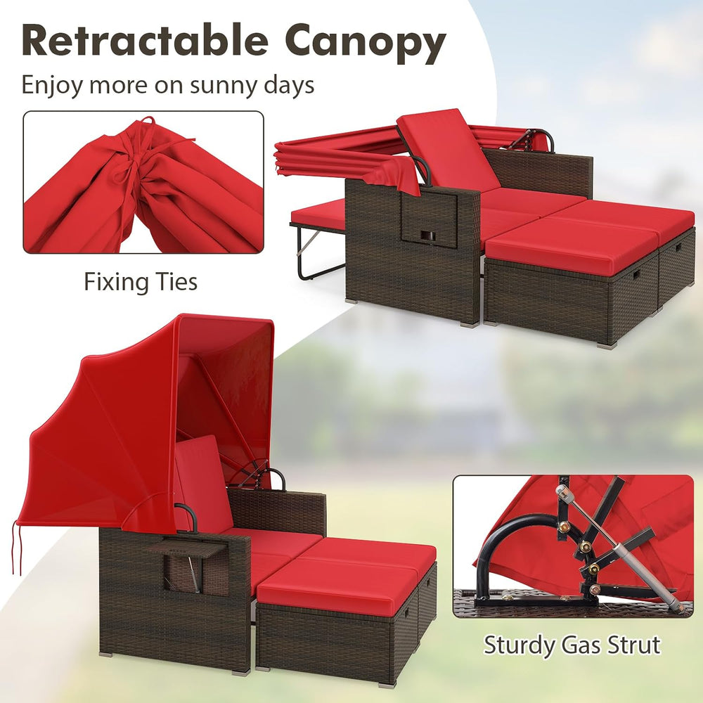 Moccha Outdoor Daybed with Retractable Canopy - Rattan Loveseat Sofa Set w/ A...