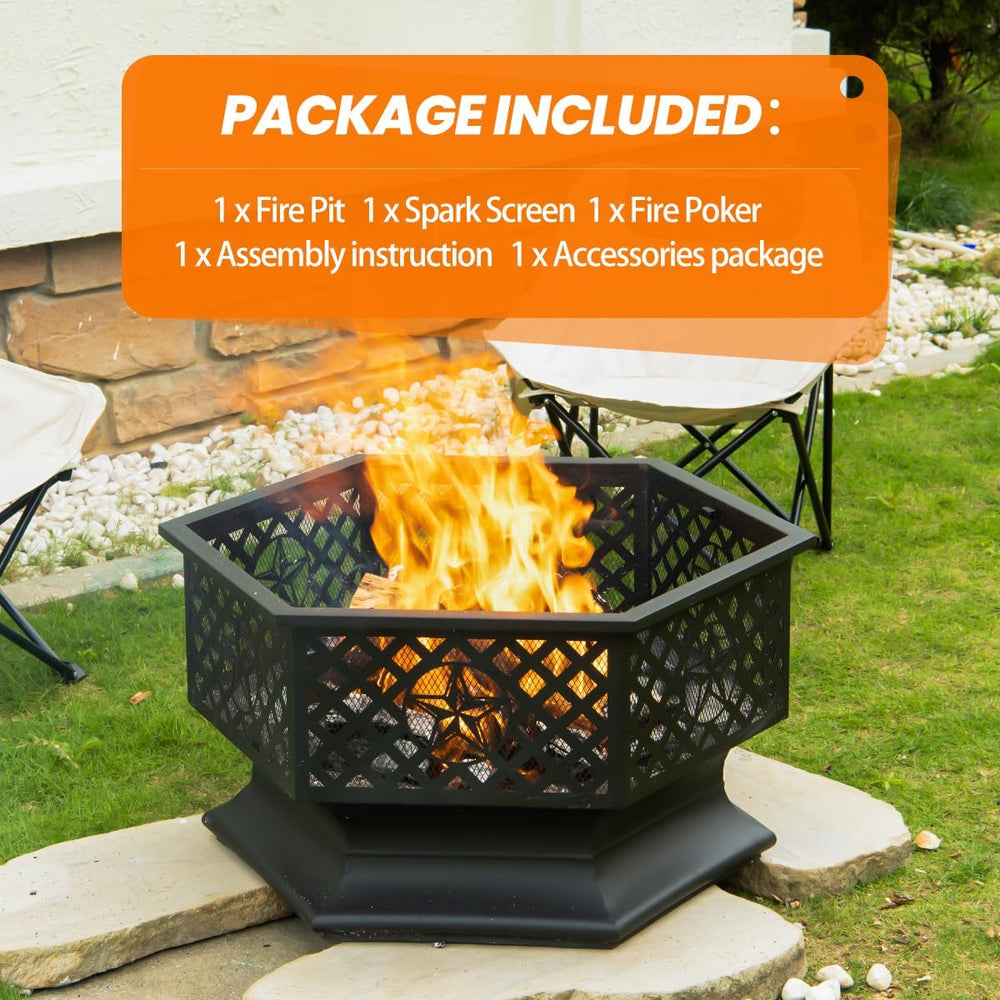 Panovue 28 Inch Hexagonal Fire Pit with Spark Screen&Fire Poker Black
