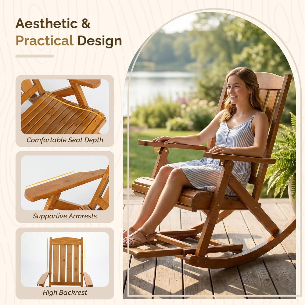 VINGLI Wooden Porch Rocking Chair, Heavy Duty Outdoor Rocking Chair with Retr...