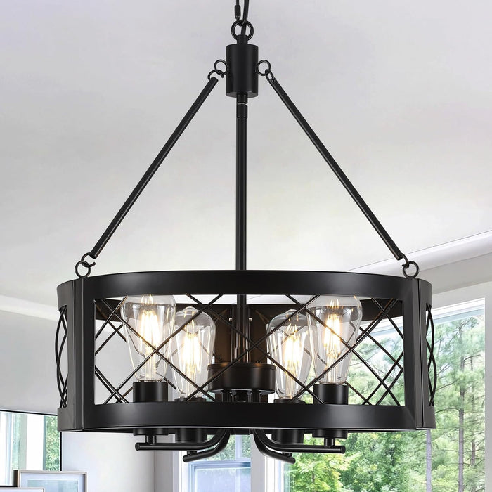 Black Farmhouse Chandelier for Dining Room, 18" Rustic Matte Black Drum Chandelier, 4-Light Round Cage Hanging Chandelier Light Fixture for Entryway, Foyer, Living Room, Kitchen, Bedroom
