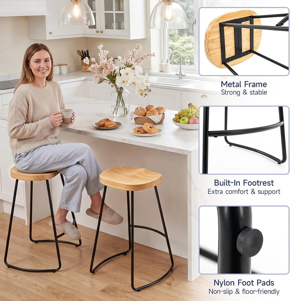 Bar Stools Set of 2, 24'' Counter Height Rustic Wooden Saddle Seat Na...