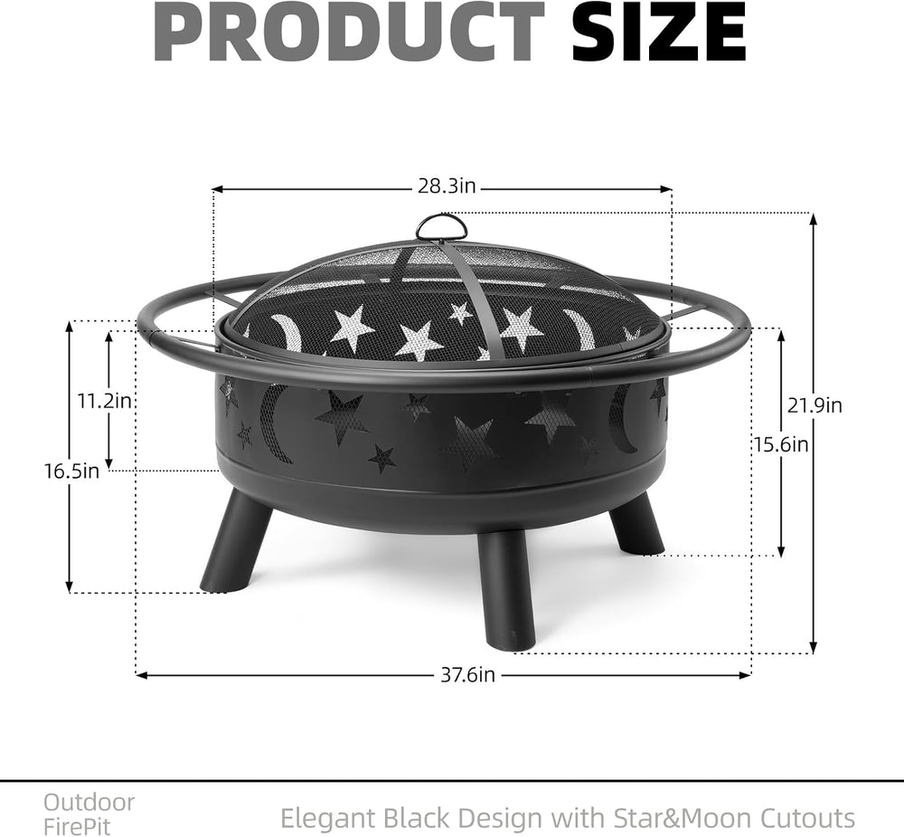 38-Inch Round Wood-Burning Fire Pit with Mesh Cover and Poker