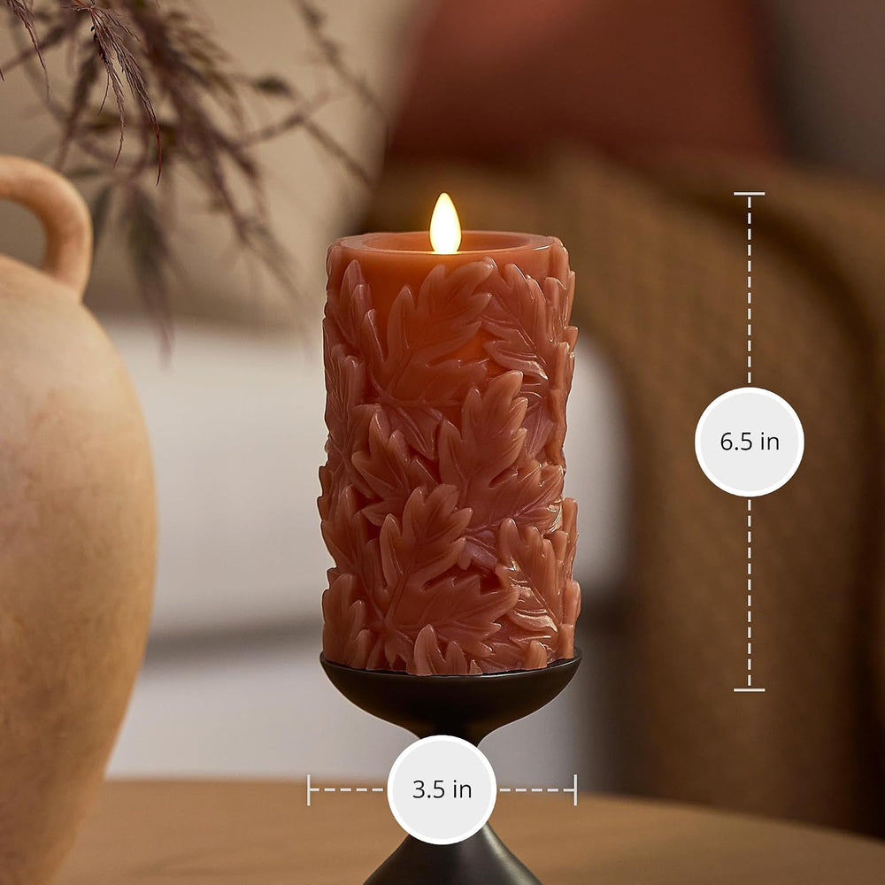 Luminara Flameless Caramel Cafe Embossed Leaves 3.5" x 6.5" Pillar,...