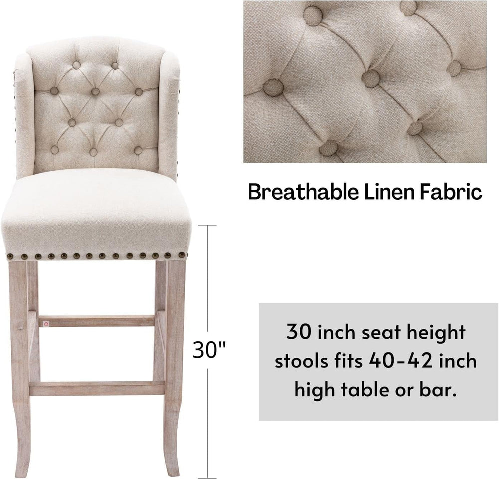 Classic 30" Linen Bar Stools Set of 2, Button Tufted Wingback Tall Bar C...