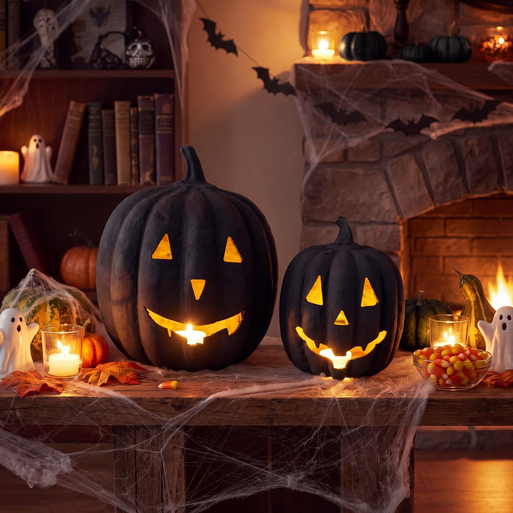 Tenceur 2 Pack Halloween Paper Mache Jack O' Lanterns Pumpkin Indoor, Black