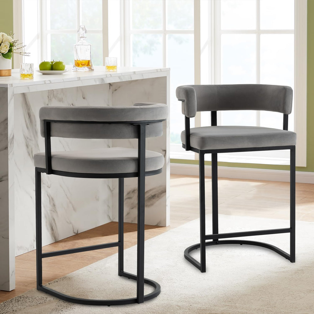 Set of 2 Grey Modern Velvet Bar Stools with Barrel Backrest, Upholstered Seat...