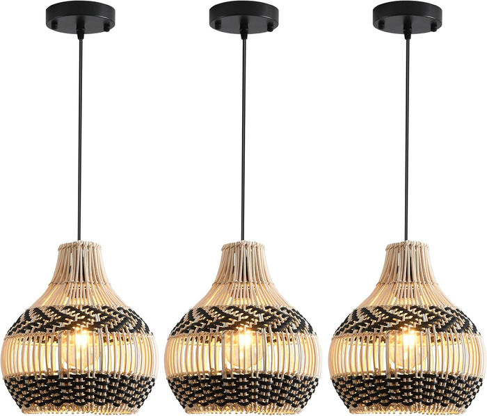 3-Pack Rattan Pendant Light Mini Hand-Woven Black White Rattan Chandelier