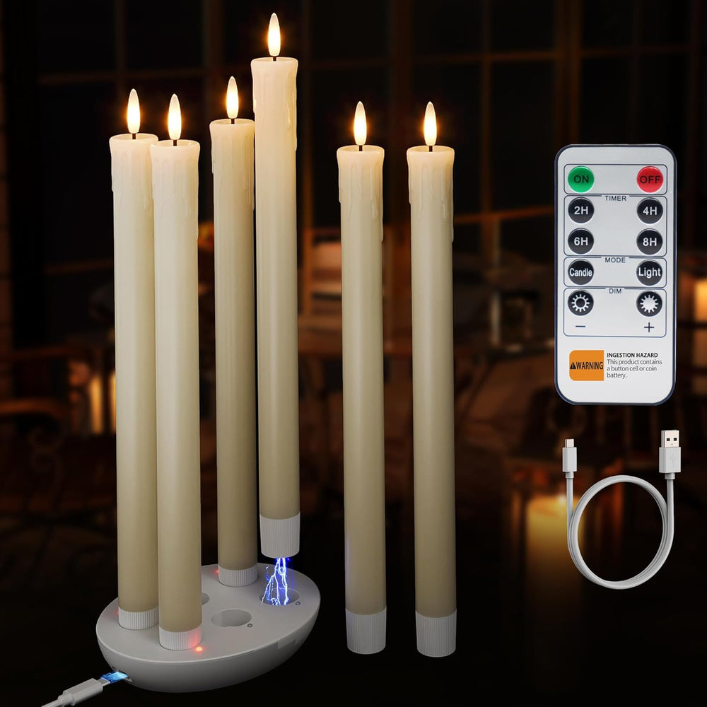 Rechargeable Flameless Taper Candles with Remote, Charging Station, 6 Pcs