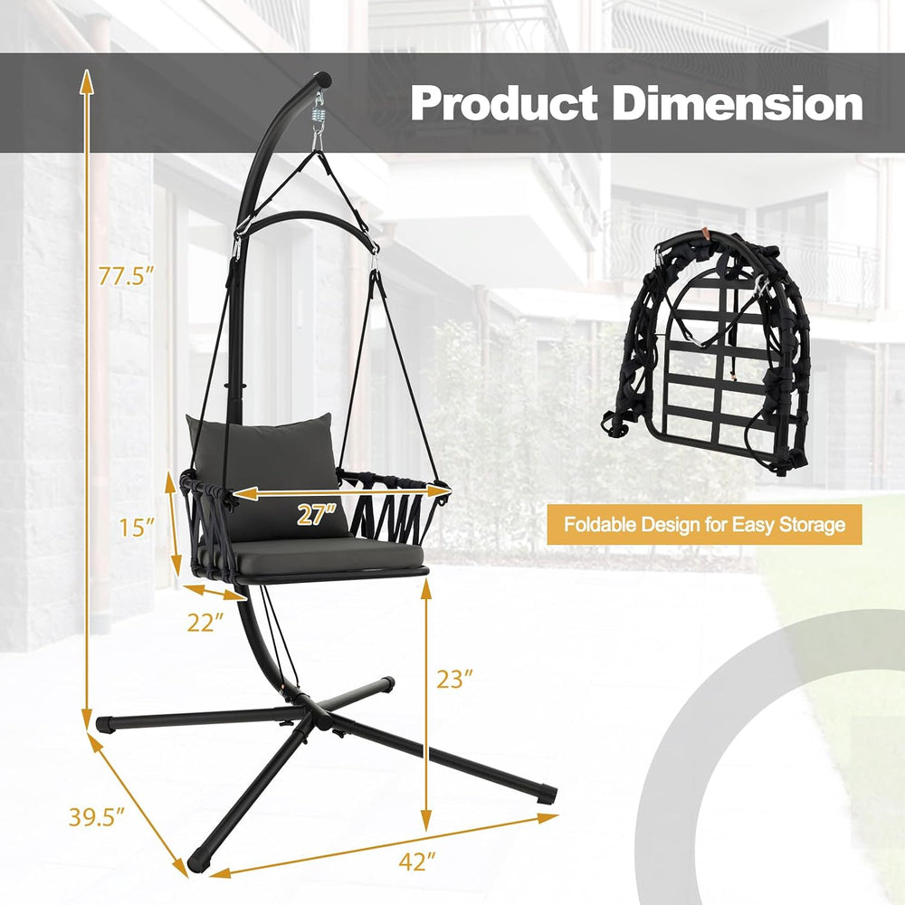 Tangkula Folding Swing Chair with Stand, Hanging Egg Chair with Cushion, Pill...