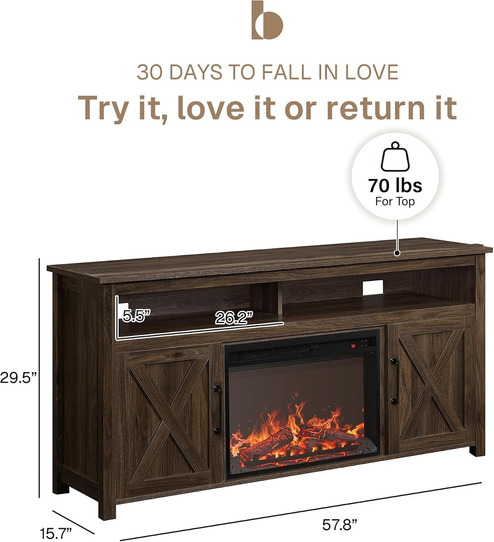 BELLEZE Corin 58" TV Stand with 23" Electric Fireplace - Dark Walnut